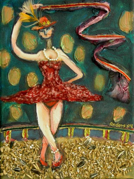 Cirkus ballerina (spartel, akryl, stof, nips, fuglefrø 24 x 18).jpg