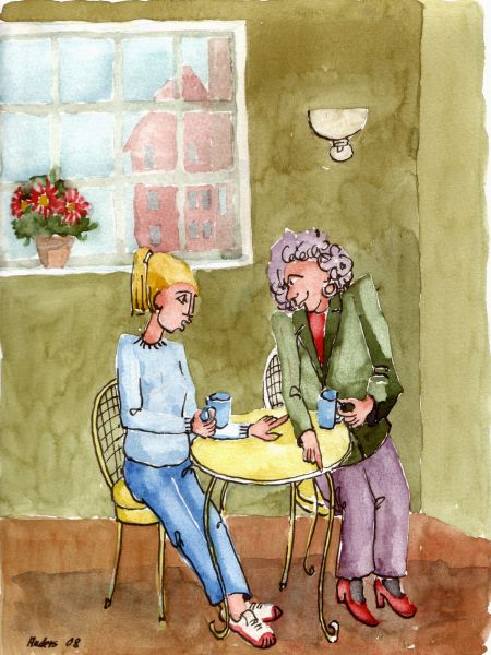 Kvindesnak på café (1) (akvarel 29 x 21).jpg