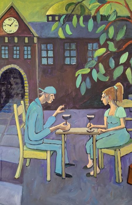 Et glas ved rådhuset (akryl, olie 100 x 100).jpg