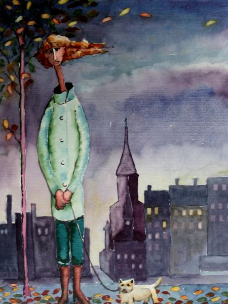 Skyhøj dame i storbyen (akvarel 35 x 25).JPG