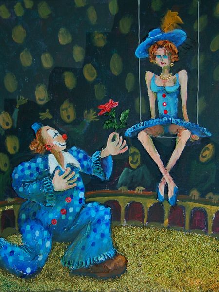 Klovn og prinsesse i trapez (spartel, akryl, olie, fuglefrø 50 x 40) - Kopi.jpg